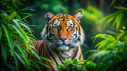 Fototapeta premium Majestic tiger emerging from dense undergrowth with vibrant green foliage in background, feline, camouflage