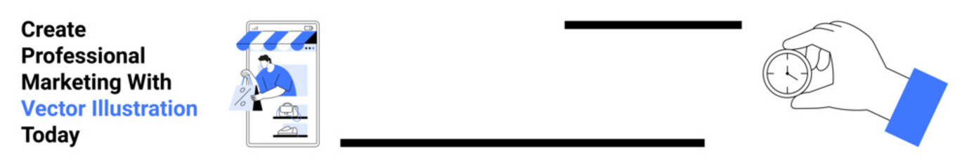 Smartphone displaying storefront webpage and clock held by hand symbolizing efficiency, planning, and online strategy. Ideal for business, marketing, e-commerce, productivity, time management