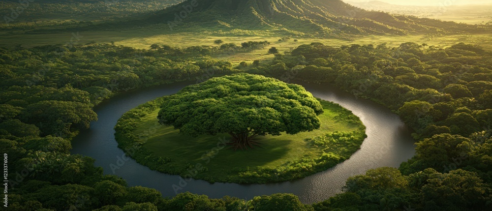 Poster aerial view of a circular river surrounding a lush green island with a single tree