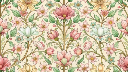 Delicate Art Nouveau Seamless Pattern with Blooming Blossoms, spring inspiration, garden