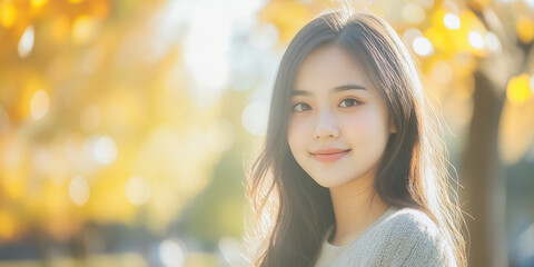 Obraz premium 天気の良い公園で微笑む可愛いアジア人の女性