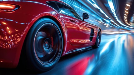 Red sports car speeding through illuminated city tunnel