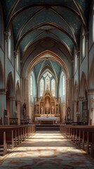 Fototapeta premium Tranquil church interior, sunlit aisle