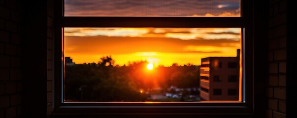 Beautiful Sunset View Through Window Framing Urban Landscape With Silhouette of Buildings