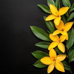 Obraz premium Bright Yellow Flowers with Green Leaves on Dark Background Creating a Serene Atmosphere