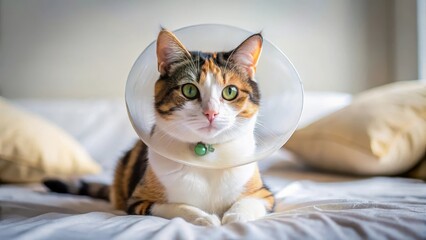 Calico cat sitting on a comfortable bed wearing a protective cone around its neck and legs, looking relaxed and content , comfort