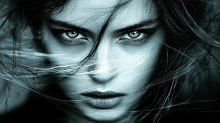 Intense Gaze: A Dramatic Monochrome Portrait of a Woman with Windblown Hair