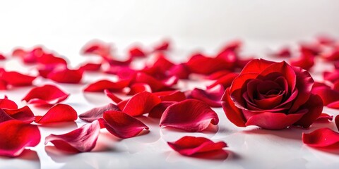 Delicate red rose petals scattered on a soft white background