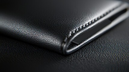 Close Up of a Premium Black Leather Wallet on a Smooth Surface with Textured Details