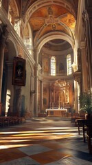 Fototapeta premium Sunlit church interior, peaceful scene