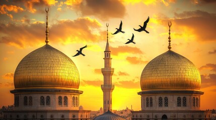 Fototapeta premium Golden Domes at Sunset: A Serene Islamic Landscape