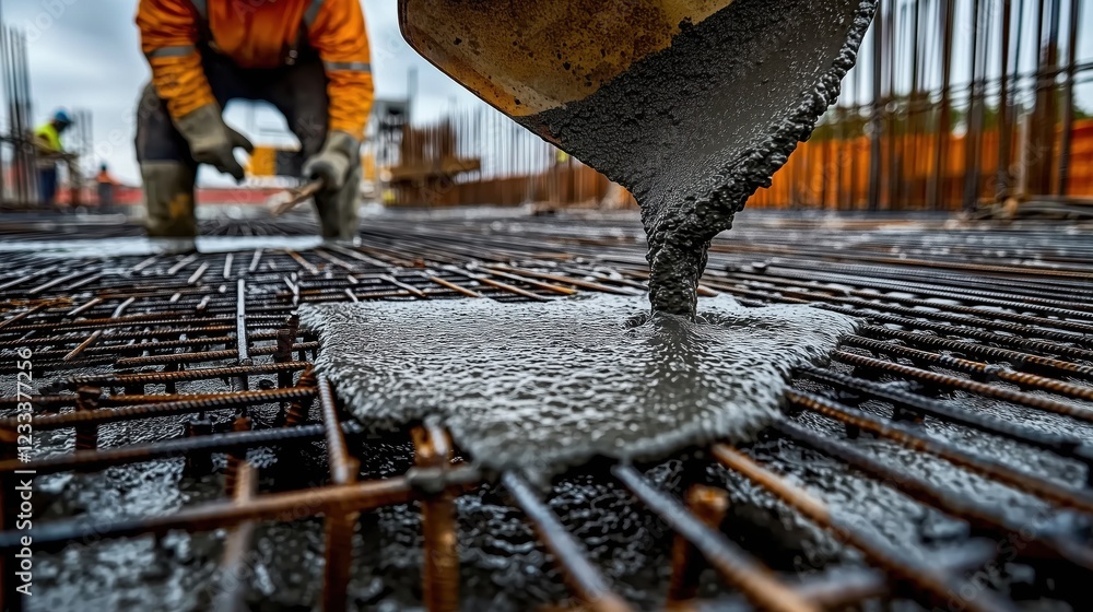 Aufkleber construction worker pouring concrete on rebar framework at building site, close-up view showing pour