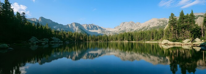 A peaceful mountain lake surrounded by towering pines, reflecting the clear blue sky