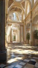 Sunlit hall with classical architecture