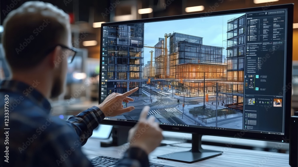 Poster professional designer reviewing modern architectural rendering on computer screen in contemporary of