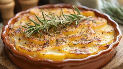 Golden roasted potatoes with rosemary garnish.