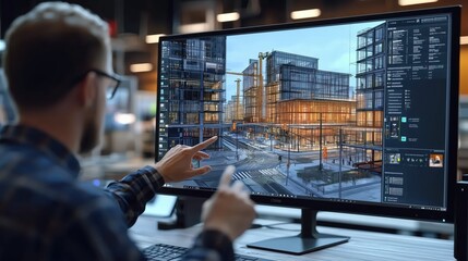 Obraz premium Professional Designer Reviewing Modern Architectural Rendering on Computer Screen in Contemporary Office Setting
