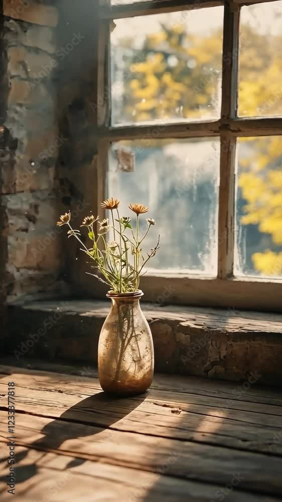 Poster sunlight filtering through dusty window onto a rustic table with a vase of dried flowers in an old b
