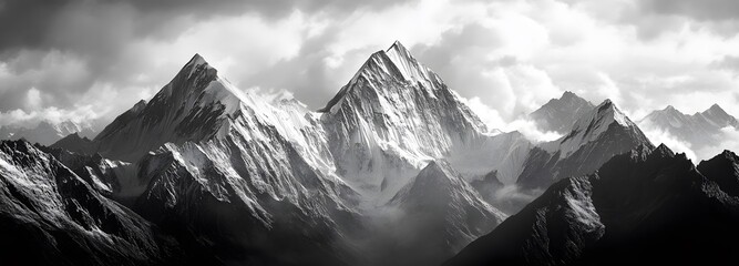 A bold black-and-white mountain range with stark contrasts and dramatic shadows