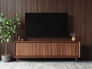 Elegant Modern Living Room with Wooden Accent Wall and Minimalist Furniture Arrangement