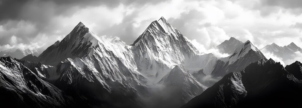 A bold black-and-white mountain range with stark contrasts and dramatic shadows