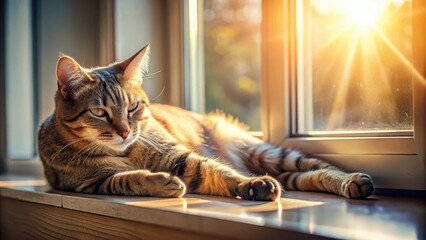 Whiskered feline basking in warm sunlight on a windowsill, paws curled up and tail twitching lazily