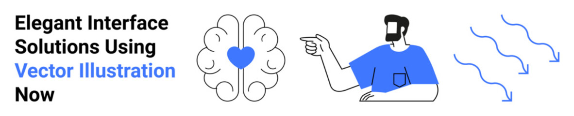 Brain with heart, person pointing at idea, curved arrows indicating flow. Ideal for creativity, innovation, teamwork, problem-solving, human focus technology digital solutions. Flat landing page