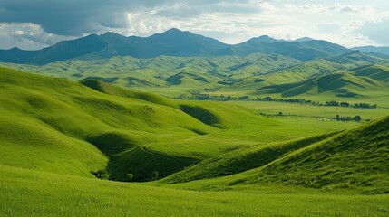 Fototapeta premium Expansive Green Hills and Lush Meadows Under Dramatic Cloudy Sky with Distant Mountains