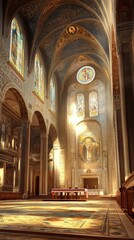 Sunlit cathedral interior, ornate details