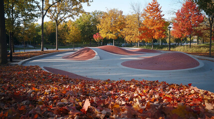 Vibrant autumn scene at a skate park with colorful leaves, smooth ramps, and trees in the background