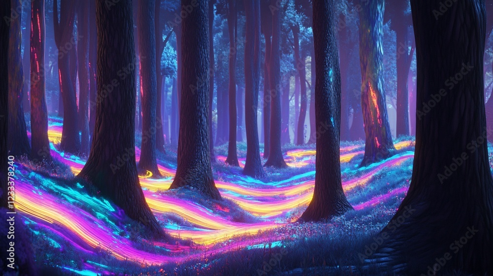 Poster glowing trails wind through a dark, mystical forest with tall, imposing trees creating a mesmerizing