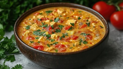 Creamy tomato soup with chicken, vegetables, and herbs