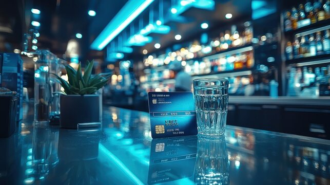 Credit card on bar counter with water glass in blurred nightclub background