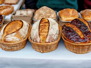 Freshly Baked Artisan Bread Loaves in Baskets Displayed at a Local Bakery Market