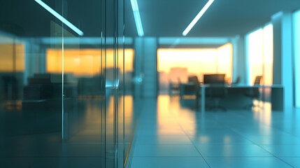 Modern office interior with glass partitions and a sunset view.
