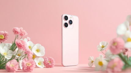 A sleek pink smartphone surrounded by delicate flowers on a soft pink background, suggesting elegance
