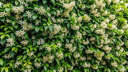 Wall of Jasmine in Full Bloom with Vibrant Green Leaves, plant arrangement, foliage