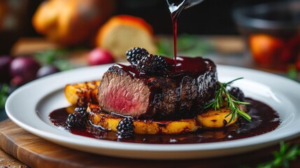Seared beef fillet with blackberry reduction sauce.