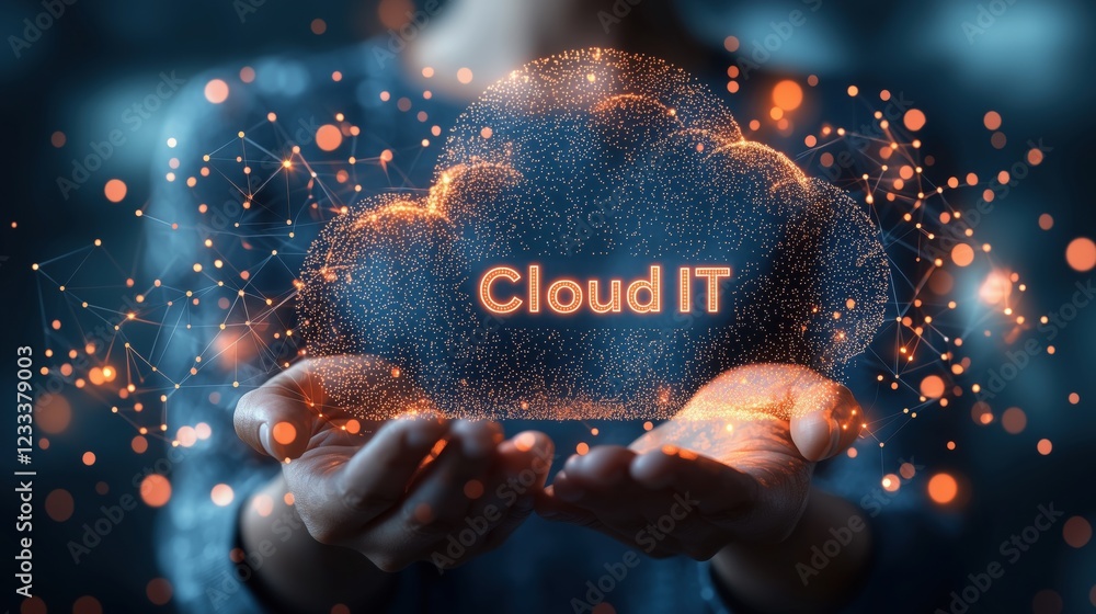 Poster conceptual representation of cloud it services with hands holding a sparkling cloud and digital conn