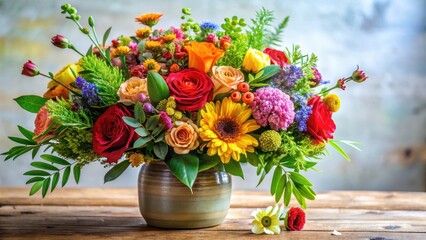 Obraz premium Vibrant colorful flowers arrangement with lush greenery and foliage in a decorative vase, colorful blooms, floral arrangement