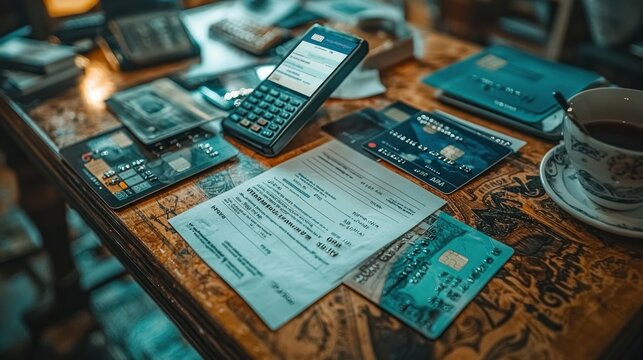 Credit card terminal, receipts, cards, and coffee on desk
