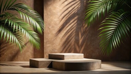 Fototapeta premium minimalist premium podium with natural stone slabs and palm-leaf shadows on brown wall, minimalist podium, clean design