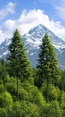 Fototapeta premium Lush Green Trees Framing Snow-Capped Mountain Under Bright Blue Sky in a Scenic Landscape