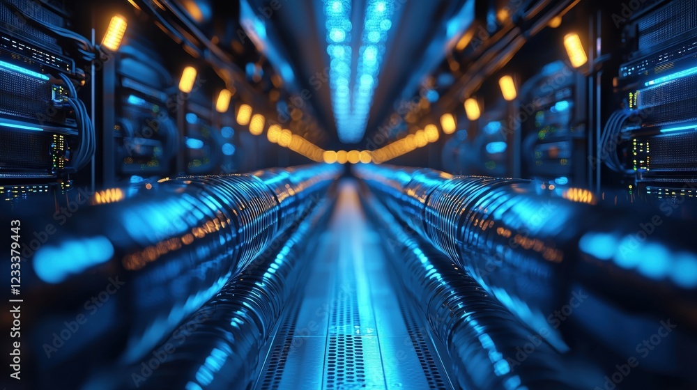 Aufkleber futuristic data center with glowing blue lights and high-tech server racks in perspective view for t