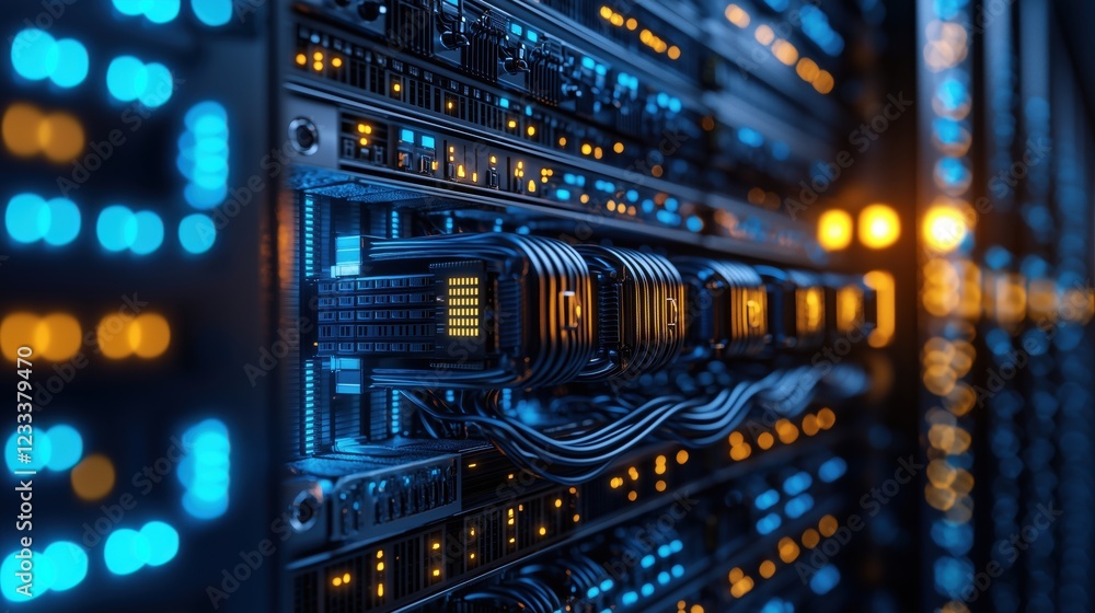 Poster high-resolution image of server rack with colorful led lights and interconnected cables used in data