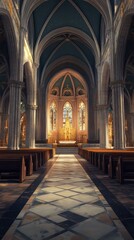 Obraz premium Tranquil church interior, sunlit aisle