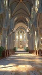 Obraz premium Sunlit church interior, serene and grand.