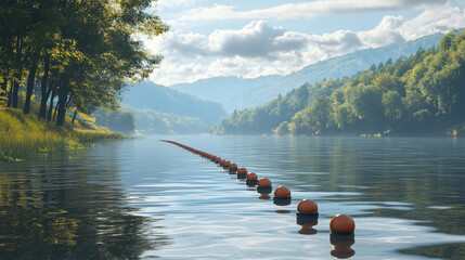 Serene landscape with buoy markers floating in a calm lake surrounded by lush greenery and mountains
