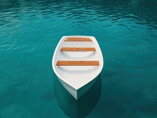 Obraz premium Minimalist White Rowboat with Wooden Seats Floating on Calm Blue Water Surface