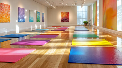 Brightly colored yoga mats arranged in a spacious studio with vibrant artwork on the walls